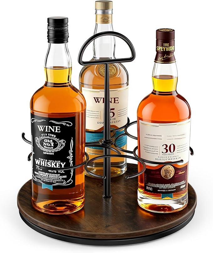 MAYELM 360° Rotating Wine and Coffe Syrup Bottle Rack, 6-Bottle Countertop Organizer with Non-Slip Base, Space-Saving Liquor and Syrup Bottle Display Shelves for Home Bar and Kitchen