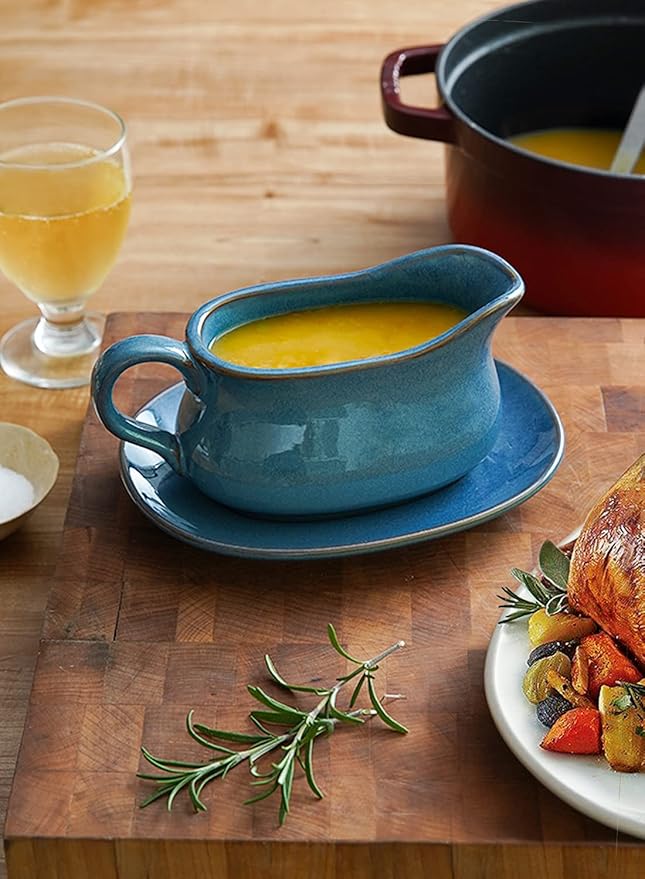 LE TAUCI 17oz Gravy Boat with Saucer Stand, Set of 2, Ceramic Sauce Boat with Tray for Salad Dressings, Creamer, Broth, Black Pepper, Ceylon Blue