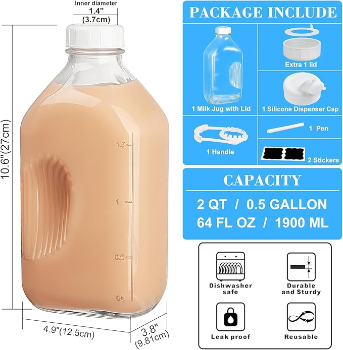 Syntic 2 Qt Glass Milk Bottle with Reusable Strong Airtight SCREW LID, 64 Oz Glass Juice Bottles for Almond Milk, Oat/Nut Milk- 0.5 Gal Water Bottle with 2 Exact Scale Lines, Extra Handle AND Cap！