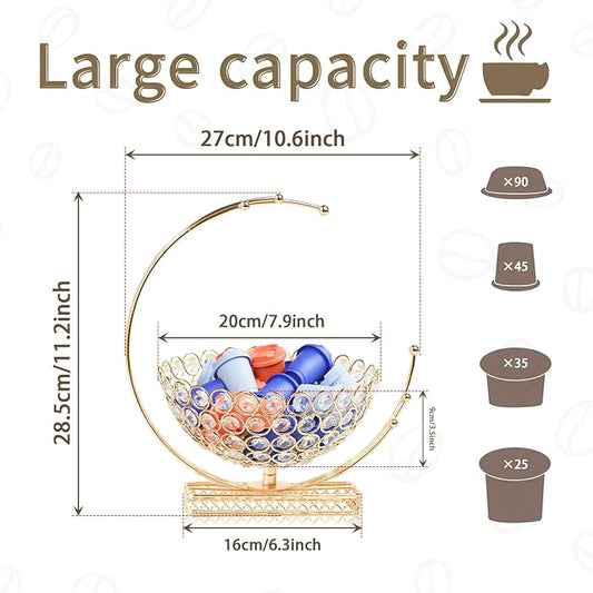 Metal & Crystal Coffee Pod Holder & Candy Basket - Elegant Multipurpose Storage Organizer for K Cups, Espresso Pods, Treats - Kitchen, Office, Home Bar (Gold, 2 PCS)