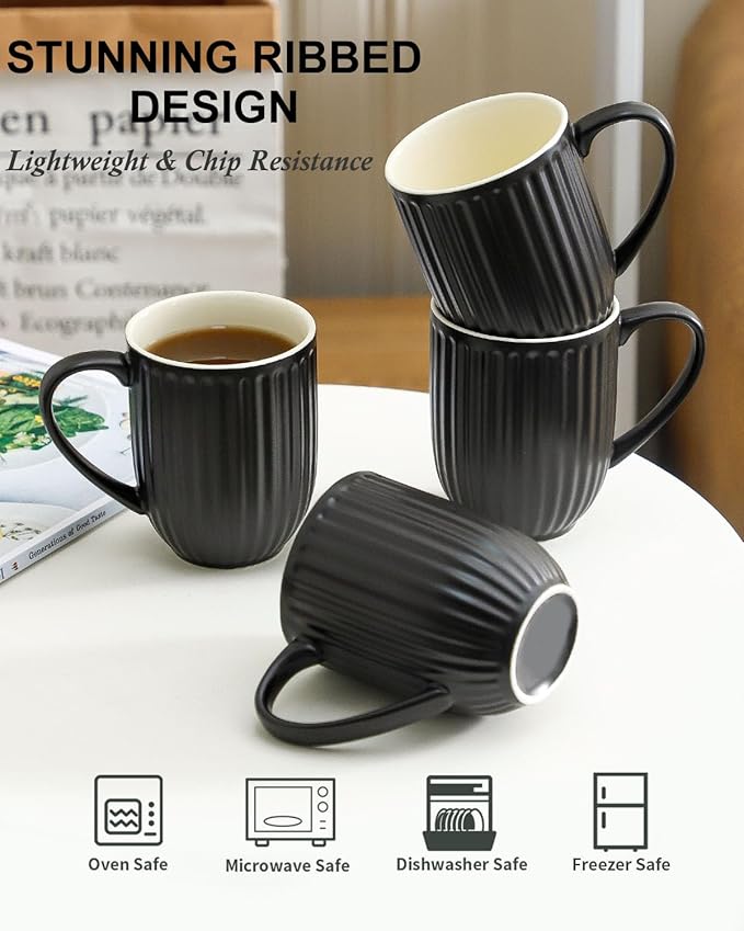 HASENSE Coffee Mugs Set of 4, 16 Oz Large Ceramic Ribbed Latte Cups with Big Handle for Coffee, Tea and Cocoa, Modern Design & Light Weight, Microwave & Dishwasher Safe, Black