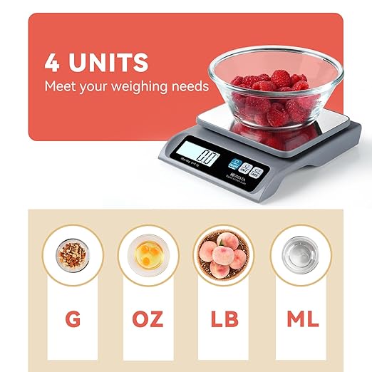 BOMATA 0.1g/ 13lb Food Scale, USB Rechargeable, Digital Kitchen Scale with Removable Stainless Steel Pan, Backlit LCD Display, for Cooking, Baking B621 Grey