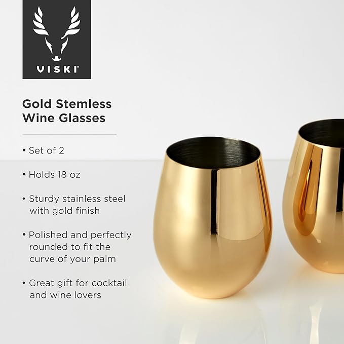 Viski Stainless Steel Wine Glasses, Modern Wine Tumblers, Elegant Drinking Glasses for Red and White Wines, Wedding Gifts, Holiday, Birthday Party, Home Bar, Drinkware Set of 2, 18 oz, Gold