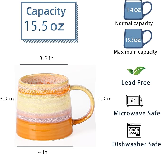 Large Ceramic Coffee Mug, Handmade Pottery Mugs, Tea Cups with Big Handle for Office and Home, 15.5 oz, Dishwasher and Microwave Safe (Orange)