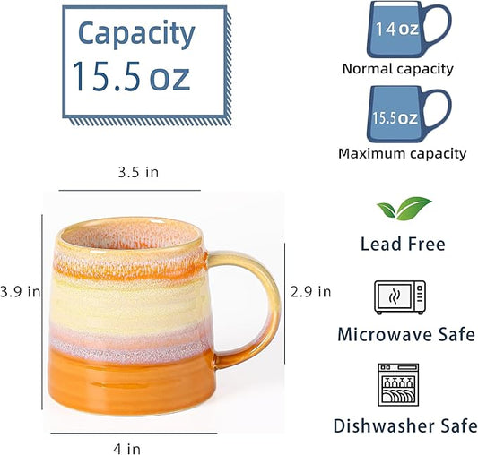 Large Ceramic Coffee Mug, Handmade Pottery Mugs, Tea Cups with Big Handle for Office and Home, 15.5 oz, Dishwasher and Microwave Safe (Orange)