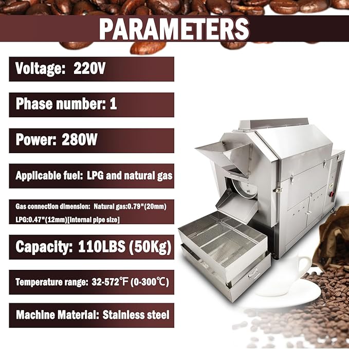 LGXEnzhuo Full-Automatic Stainless Steel Coffee Roaster 110LBS Drum Rotary Roasting Machine 0-300℃ Gas Type Nuts Bean Roasting Machine 220V/1PH