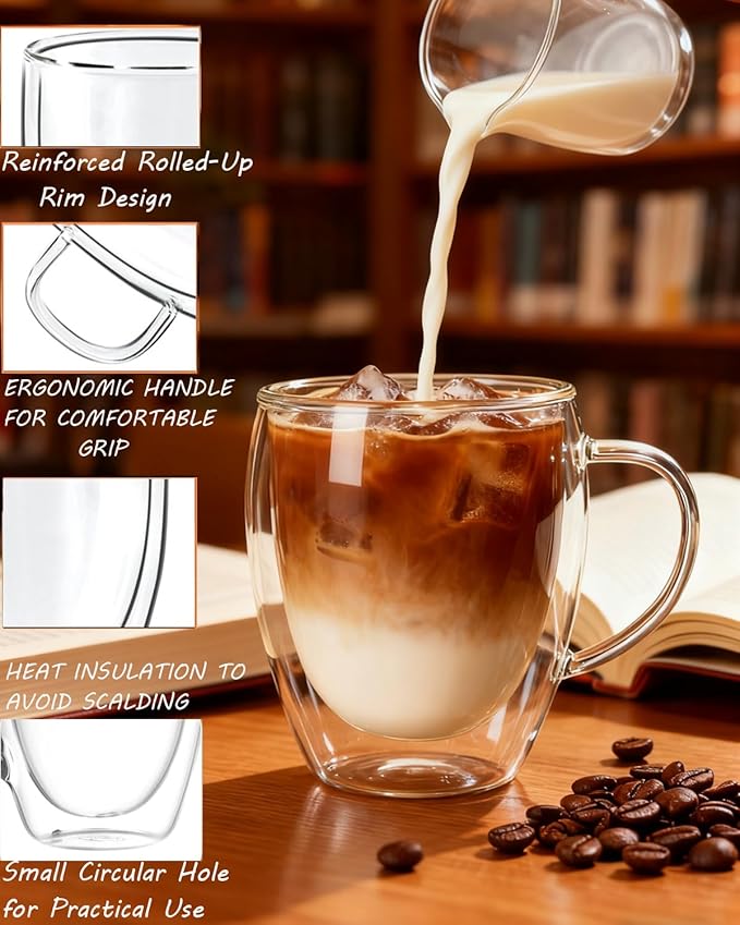 Glass Coffee Cups Set Of 6 - 12oz Double Walled Glass Coffee Mugs with Handle,Clear Insulated Borosilicate Glass Mug,Suitable for Cappuccino,Tea,Latte,Hot Beverage and Wine (6 Pack 12oz +6 Spoons)