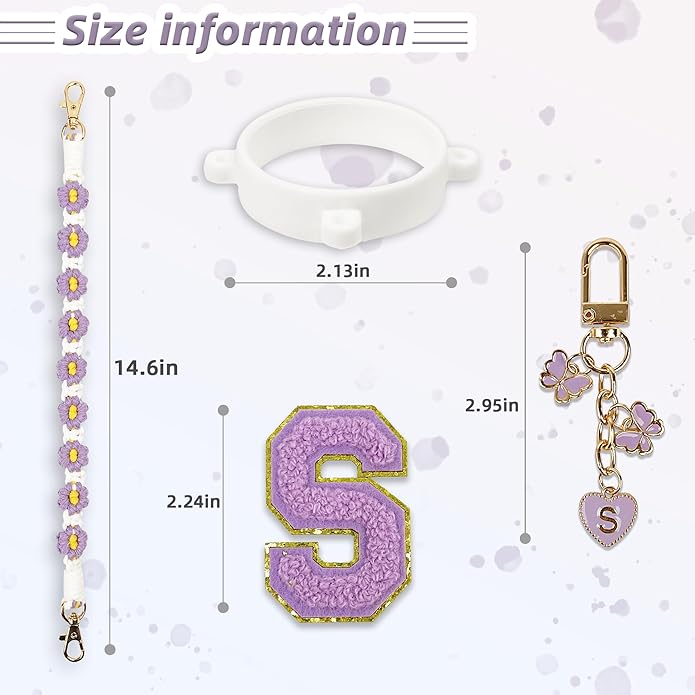 Compatible with Owala Water Bottle Accessories, Cute Letter Charm Set with Boho Handle Strap, Monogram Sticker, Silicone Ring, Keychain Decoration, for FreeSip 24 32 40oz, Owala Kids, Tumbler Gift