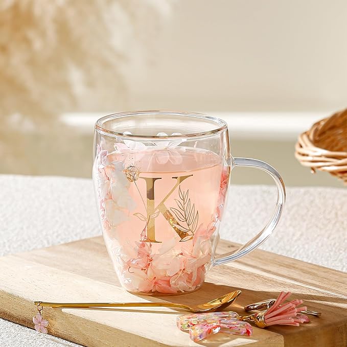 Personalized Gifts for Women Double Wall Flower Glass Coffee Mug Tea cup With Spoon Monogrammed Customized Gifts Birthday Christmas Valentine Mother's Day Gift for Mom Her Wife Friends Bride Sister(K)