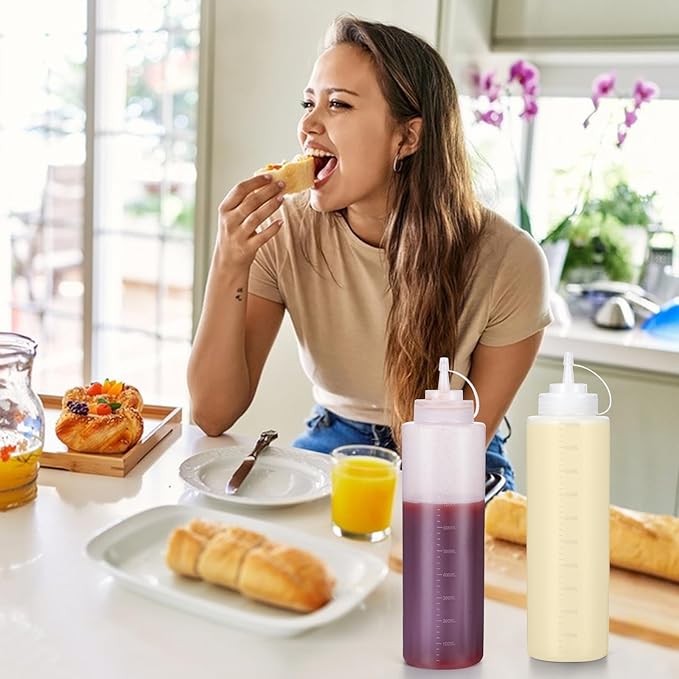 Katfort Condiment Squeeze Bottles Ketchup Dispenser, 6 Pack 32oz Squeeze Bottles for Liquids, Plastic Sauce Bottle with Cap Lid, Squirt Bottles for Sauces Liquids BBQ Dressing Pancake Art