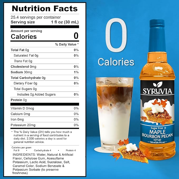 Syruvia Sugar Free Coffee Syrup, Maple Bourbon Pecan Flavored Syrup for Drinks, Lattes, and Desserts – 25.4 fl oz, With Pump