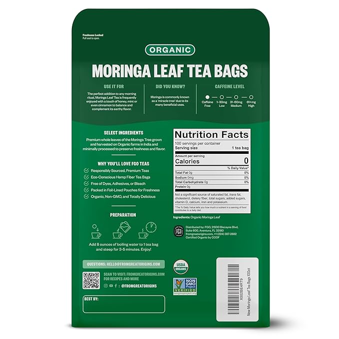 FGO Organic Moringa Mint Tea, 100 Count, Eco-Conscious Herbal Tea Bags, Resealable Bag, Caffeine Free, Packaging May Vary (Pack of 1)