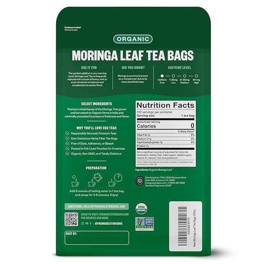 FGO Organic Moringa Mint Tea, 100 Count, Eco-Conscious Herbal Tea Bags, Resealable Bag, Caffeine Free, Packaging May Vary (Pack of 1)