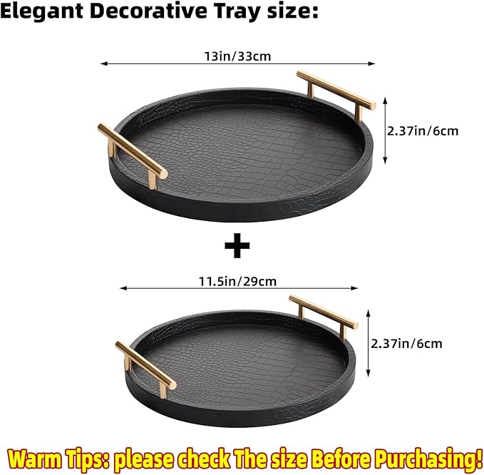 Decorative Serving Trays, Set of 2 Wood Modern Crocodile Leather Round Tray with Polished Metal Handles, Decorative Trays Coffee Table Tray Ottoman Platter for Home Decor (Black)