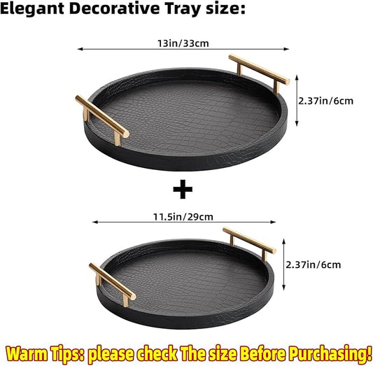 Decorative Serving Trays, Set of 2 Wood Modern Crocodile Leather Round Tray with Polished Metal Handles, Decorative Trays Coffee Table Tray Ottoman Platter for Home Decor (Black)