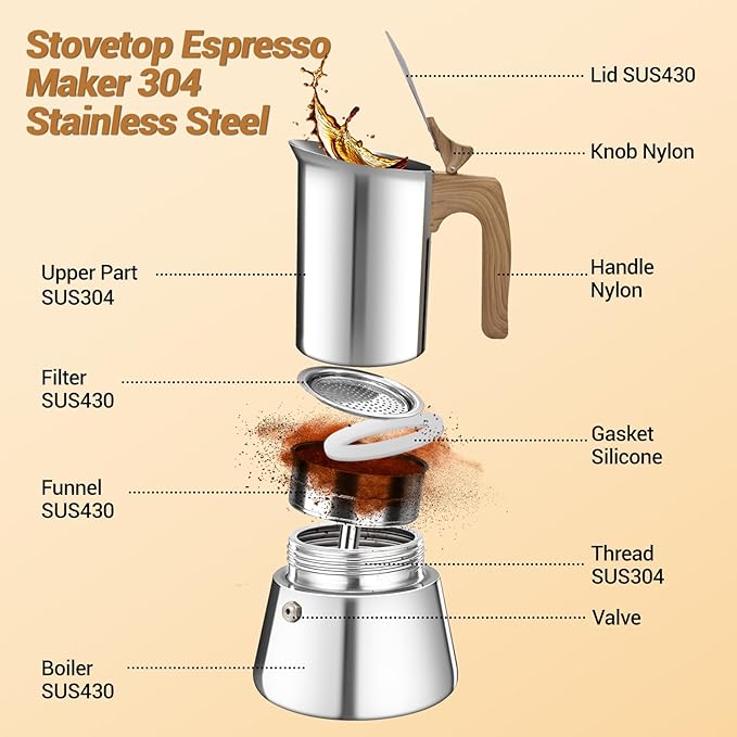 Vaolvpant No Coating 12 Cup Moka Pot Thickened 304 Stainless Steel Stovetop Espresso Coffee Maker 600ml 20oz Mocha Percolator Greca Cuban Ideal for Making Rich Authentic Italian Café