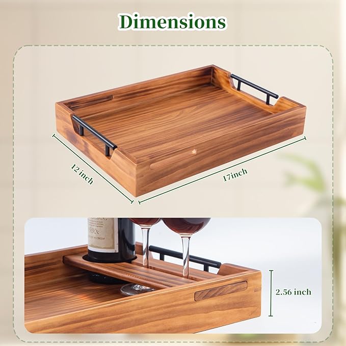 Wood Serving Tray with Handles, 17"x12" Rustic Wooden Trays Decorative Coffee Table Tray for Ottoman, Living Room Decor, Breakfast Food Trays in Bed, Kitchen Food Tray