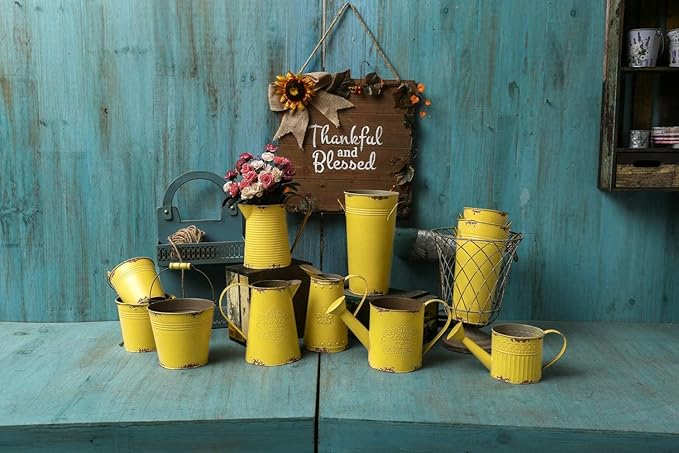 APSOONSELL French Style Shabby Chic Vase Metal Flower Vase Vintage Jug Rustic Farmhouse Decor for Home, Yellow