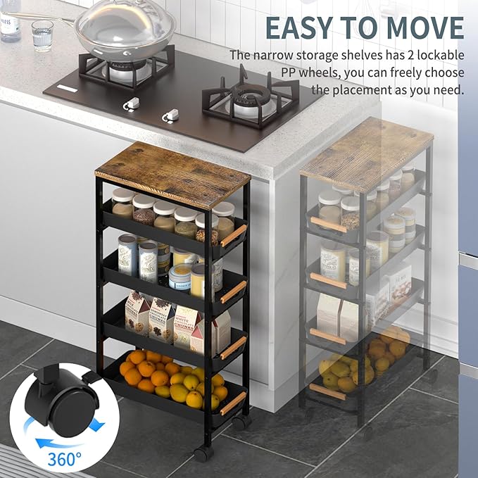 5 Tier Slim Rolling Utility Cart with Drawers Pull-Out Design Slim Storage Cart with Metal Frame and Wooden Top for Narrow Space in Home Kitchen Bathroom Black (Width 8.1 Inches)