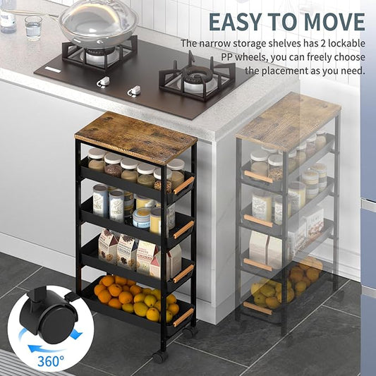5 Tier Slim Rolling Utility Cart with Drawers Pull-Out Design Slim Storage Cart with Metal Frame and Wooden Top for Narrow Space in Home Kitchen Bathroom Black (Width 8.1 Inches)