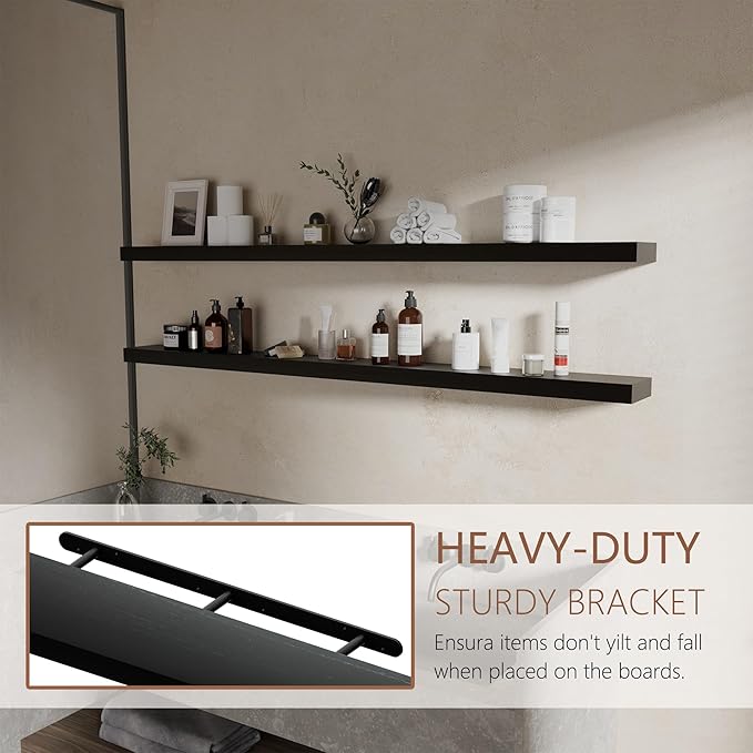 60 inch Long Floating Shelves for Wall,Solid Wood Long Shelves Set of 2,Rustic Wall Mounted Shelves with Invisible Brackets for Decor & Storage (Black, 60 Inch)