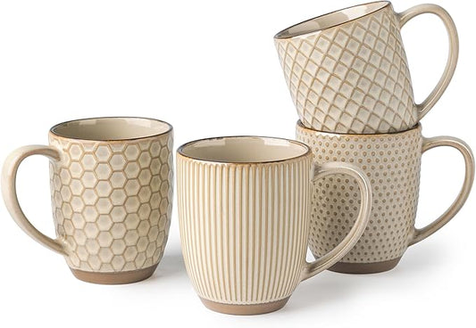 GBhome Large Coffee Mugs Set of 4, 16oz Handmade Embossed Coffee Mugs Set with Large Handle for Cappuccino/Latte/Tea/Hot Cocoa, Dishwasher & Microwave Safe, Khaki