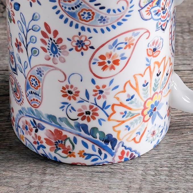 Maison d' Hermine Coffee Mug with Handles Fine Bone China Mugs Pack of One Tea Cups for Hot Beverages Cappuccino Latte Home Restaurant Office Perfect for Gift (Indian Floral - Paisley, 15 Ounce)