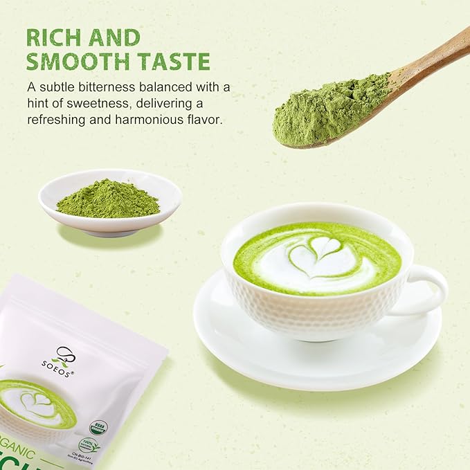 Soeos Organic Matcha Powder, Matcha Green Tea Powder, 2 oz (2 Pack), Total 4 oz, Antioxidant-Rich Japanese Matcha for Lattes, Smoothies and Baking, Recyclable Bags