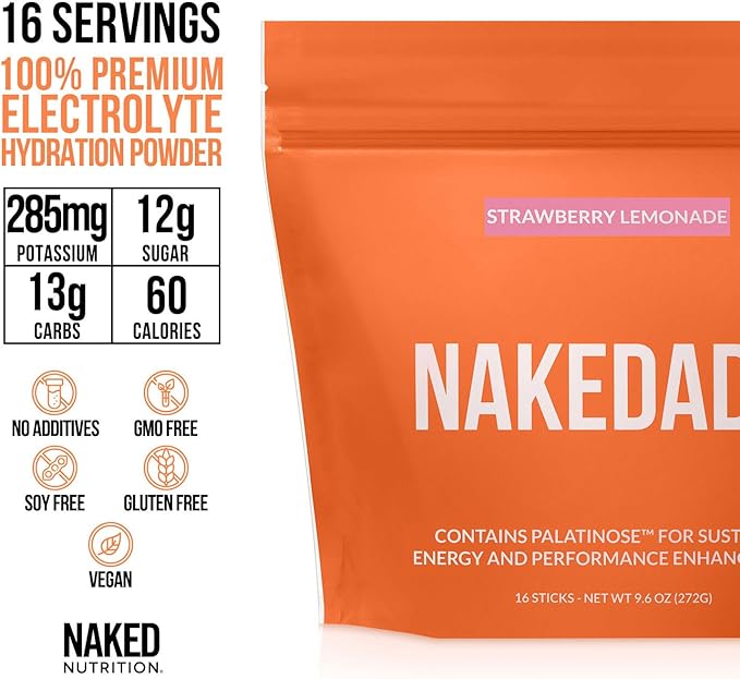 Nakedade Strawberry Lemonade – Performance Enhancing Sports Drink Powder - Electrolyte Powder – No GMOs or Artificial Sweeteners, Gluten-Free, Soy-Free, Dairy-Free – 16 Sticks