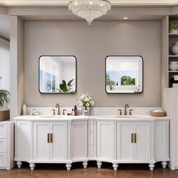 FORBATH 24x24 Inch Bathroom Mirror for Wall, Black Metal Framed Vanity Mirrors for Over Sink,Rounded-Corner Rectangle Mirror for Bedroom Living Room Kitchen Entryway Hallway, Anti-Rust