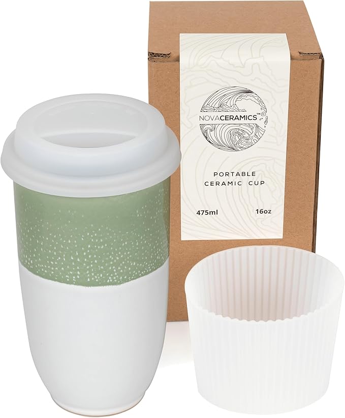 NOVA CERAMICS Travel Mug - Tea Tumbler– Microwave & Dishwasher Safe Coffee Mug Green & White Tumbler - Gifts For Women Men Him Her – 16oz – Sage Green