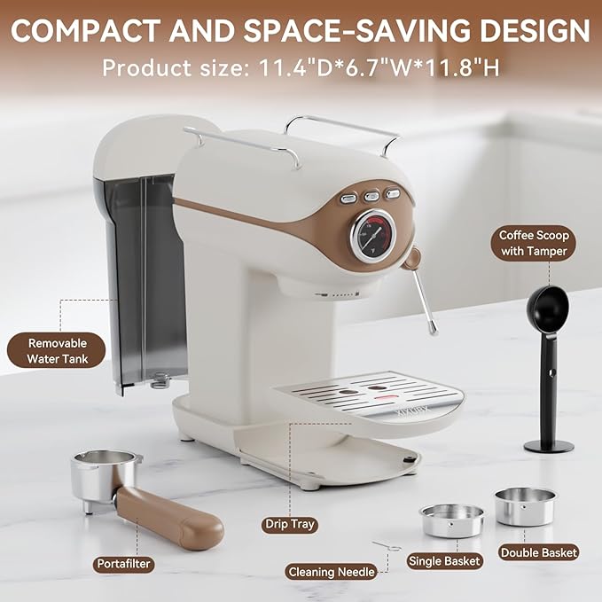 Espresso Machine 20 Bar, Compact Coffee Maker with Milk Frother Steam Wand Professional Espresso Coffee Machine with Removable Water Tank, Latte Cappuccino Machine for Home Office Use