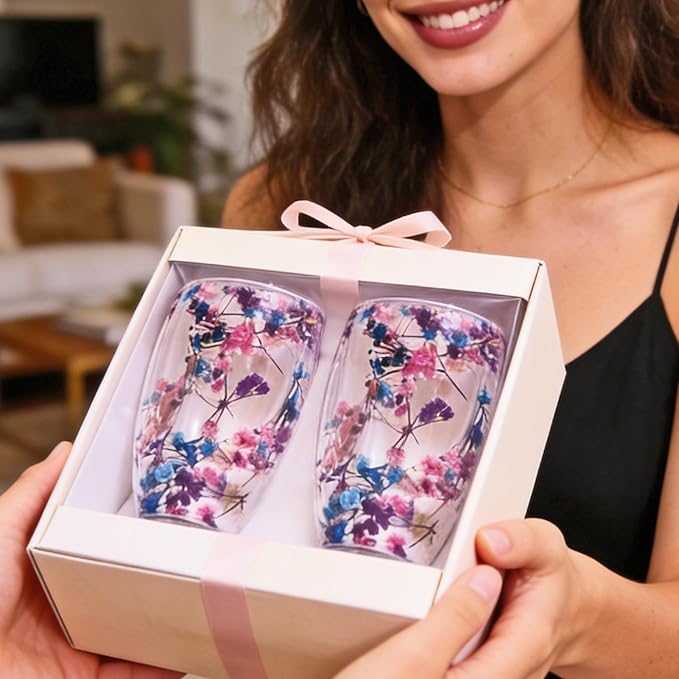 Viovian 13oz Double Wall Glass Coffee Mugs Set of 2 Insulated Glass Coffee Cups with Handles,Clear Dried Flower Tea Mug for Hot Beverages,Tea Cup Women Birthday Gifts
