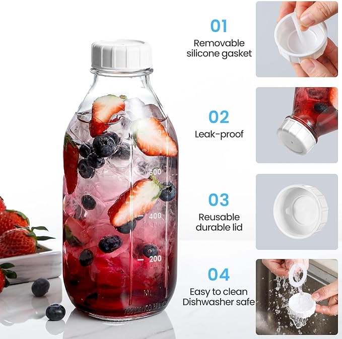 2 Pack 32 OZ Glass Milk Bottles with 2 Pour Spout Lids & 2 Nut Milk Bags & 2 Airtight Caps, Reusable Glass Bottles, Breast Milk Pitcher, Syrup, Honey, Water Jug, Juice Container for Refrigerator