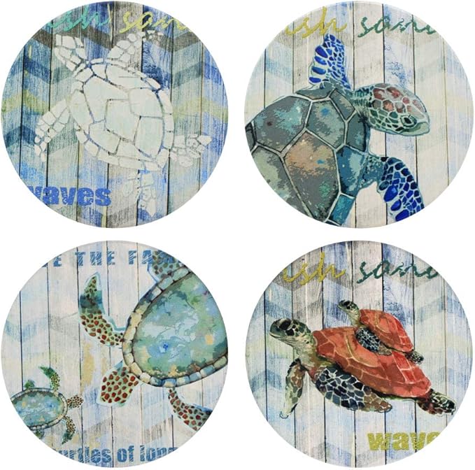 Absorbent Coasters Set of 4 - Ocean Theme Sea Turtle Coaster for Drinks with Vibrant Colors and Cork Backing (sea Turtle)…