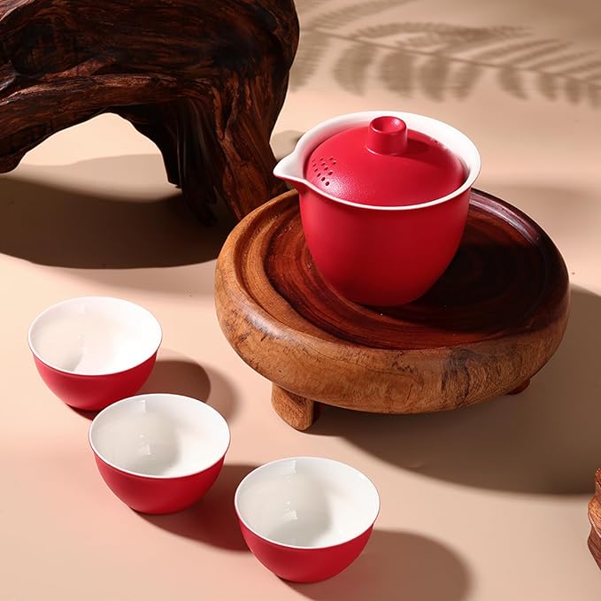 Porcelain Chinese Gongfu Tea Sets for Adults Ceramic japanese Tea Set Portable Kungfu Gaiwan Teapot and Cup Set Small Travel Teaset with Lid for Home Gifting Outdoor and Office (Red)