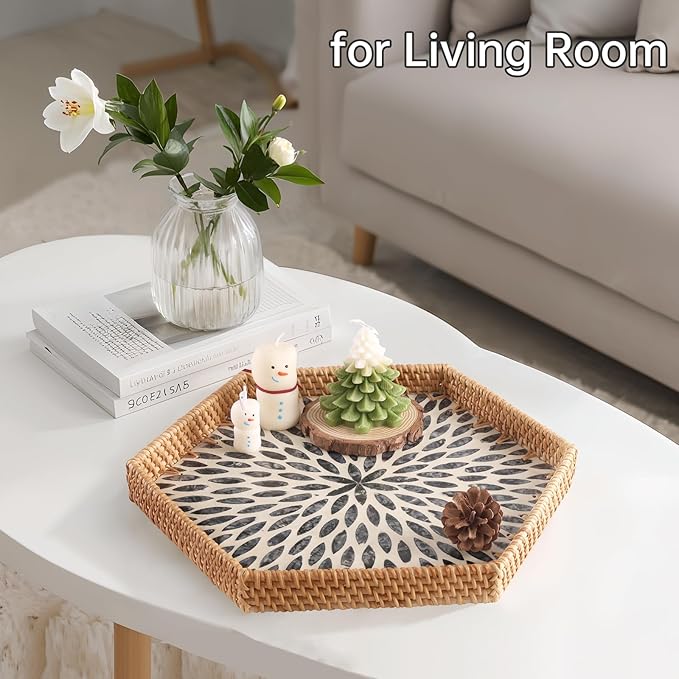 Hexagon Rattan Tray with Mother of Pearl Inlay, Rattan Serving Tray for Coffee, Bread, Fruits, Snacks, Decorative Wicker Tray for Table Decor, Home Decor (Dark Blue Leaves, 14.5"×12.8")