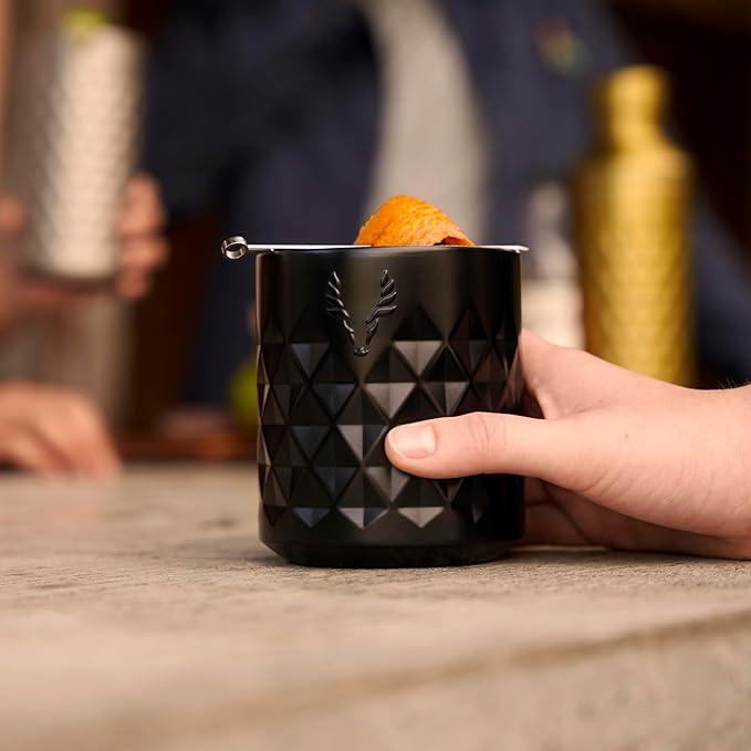 Viski Paragon Stainless Steel Rocks Tumbler Cup with Lid, Insulated Ceramic Lined Metal Whiskey Glass for Patio, Outdoor BBQ Party, Gifts for Drink Lovers, 12 oz, Set of 1, Obsidian Black