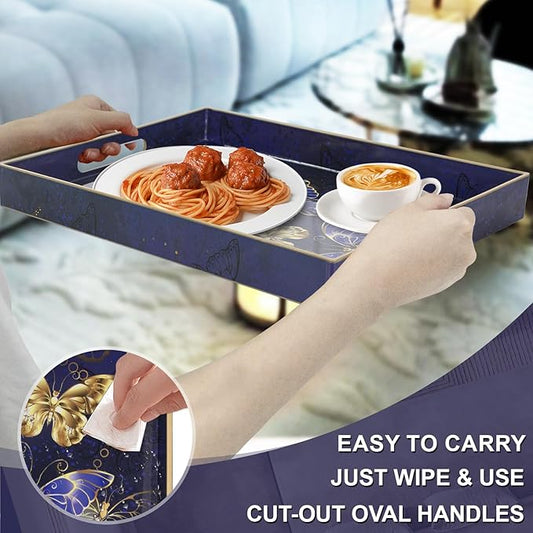 MAONAME Rectangular Decorative Tray, Butterfly Plastic Serving Tray with Handles, Modern Blue Trays for Ottoman, Coffee Table Trays for Living Room, Home Decor, 15.8" x 11.8" x 1.6"