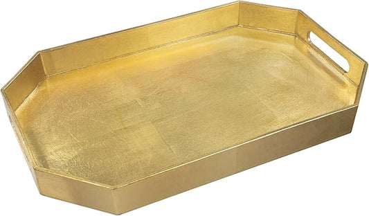 MAONAME Gold Decorative Tray with Handles, Foil Serving Tray for Ottoman, Octagonal Coffee Table Trays for Living Room, Bathroom, 16.5" L x 12.2" W x 1.6" H