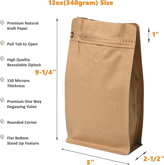 Resealable Side Zipper Coffee Bags with Degassing Valve, High Barrier Natural Kraft Coffee Pouches with Aluminum Foil Liner, Ziplock Food Storage Bags, Longer Shelf Life (100, 12oz/0.75lb)