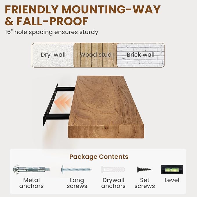 Fun Memories Wood Floating Shelves 24 Inch Long, Rustic Elm Wood Wall Shelves for Farmhouse, Living Room, Kitchen, Wall Mounted Bathroom Shelf Floating Shelf with Invisible Bracket Set of 2, Natural