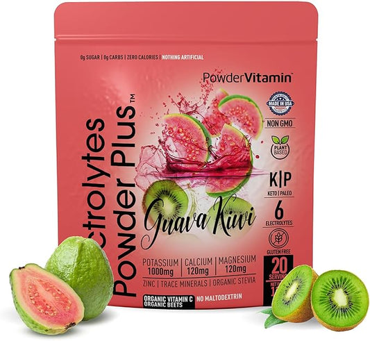 PowderVitamin Electrolytes Powder Plus (20 Servings) Guava Kiwi Electrolyte Powder Zero Calorie Keto,0 Sugar, No Maltodextrin,1000mg Potassium,120mg Calcium,120mg Magnesium, Pink Himalayan Salt