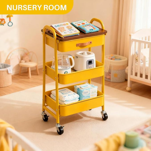 AGTEK Rolling Cart with Drawer, 3 Tier Movable Metal Utility Organizer with Wooden Board, Mobile Trolley Cart for Home & Office, Yellow