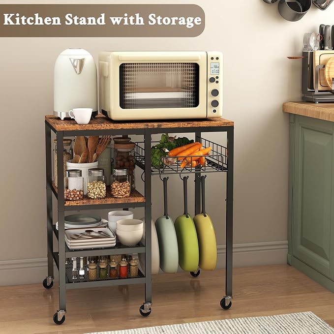 Hadulcet 4-Tier Adjustable Microwave Stand with Storage on Wheels - Rolling Kitchen Cart & Mobile Coffee Bar, Baker's Rack for Kitchen Island, Office, Living Room