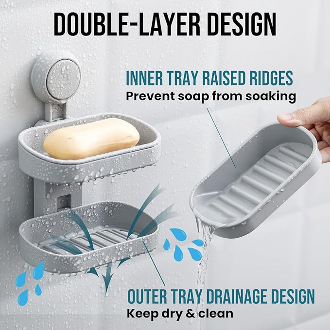 TAILI Double Layer Soap Dish Holder Suction Cup, Strong Sponge Holder for Shower, No Tools Soap Saver for Bathroom, Tub and Kitchen Sink, Shower Accessories, Drill-Free, Removable, Grey