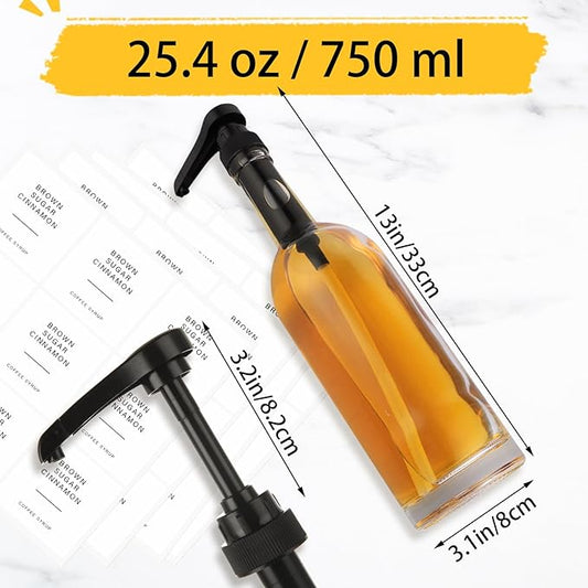 4 PCS 25 Oz Glass Coffee Syrup Dispenser 750 ML Glass Syrup Bottle With Pump And Labels Black Coffee Syrup Pump Dispenser for Coffee Bar Accessories, Home Bar