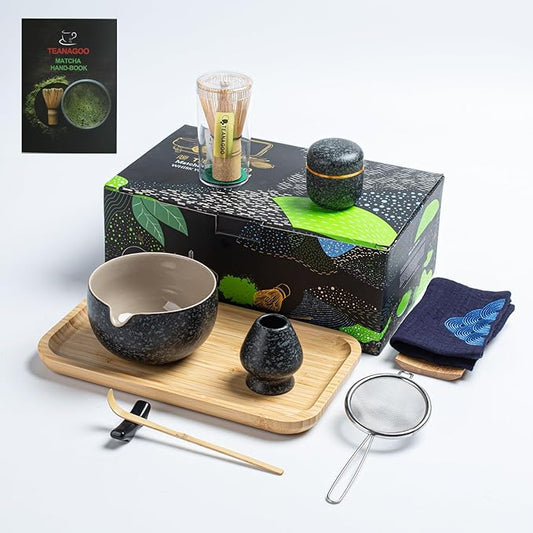 TEANAGOO Matcha Whisk Set, 10 Pcs Complete Set, Black, Matcha Kit with Tray, Bowl, Scoop, Sifter, Powder Jar, Gift for Matcha Lovers