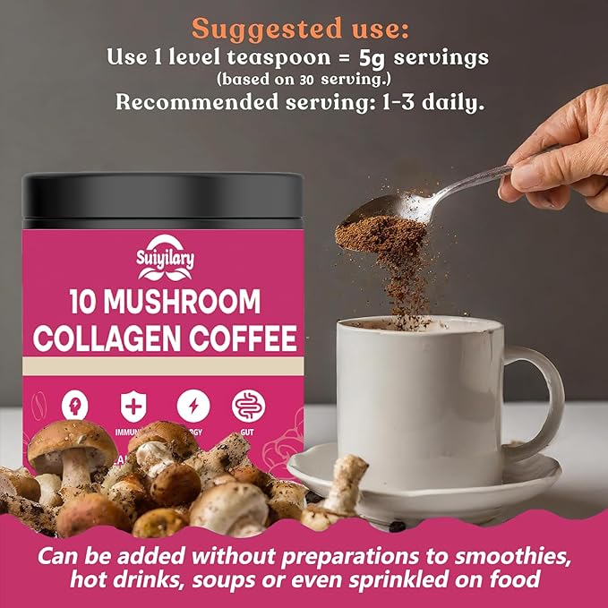 Mushroom Coffee with Collagen, 10 Mushroom Extract Powder Blend Lion's Mane, Brain Supplements with Instant Coffee for Energy, Focus, Skin and Immunity 150g 30 Serving