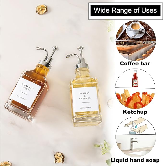 Coffee Syrup Dispenser for Coffee Bar, Clear Glass Syrup Bottles with Pump, Refillable Maple Syrup Storage, Coffee Station Accessories and Organizer, 500ml, Set of 2 (Chrome Finish)